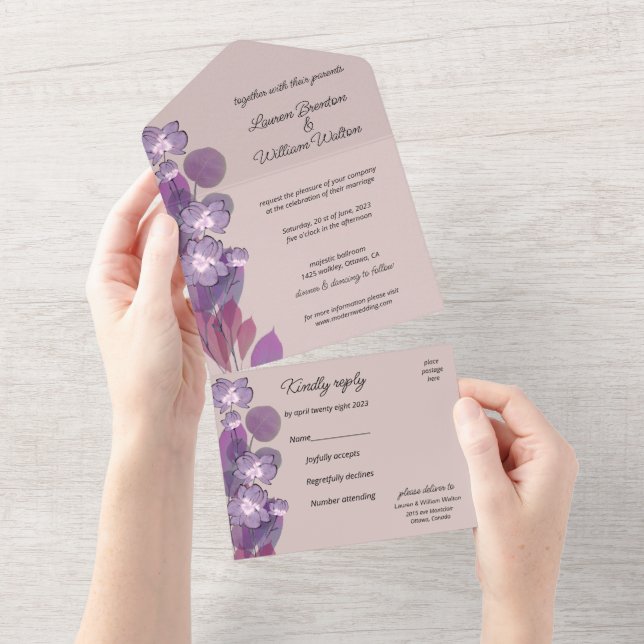 Mauve purple blush floral    all in one invitation (Tearaway)