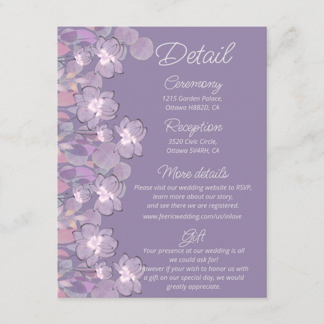 Mauve purple blush floral wedding details    enclosure card (Front)