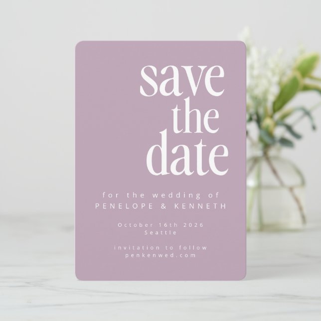 Mauve Purple Bold Minimalist Modern Wedding Save The Date (Standing Front)