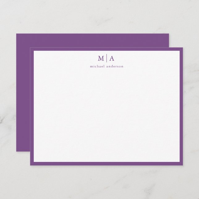 Mauve Purple Border Monogram Correspondence Note Card (Front/Back)