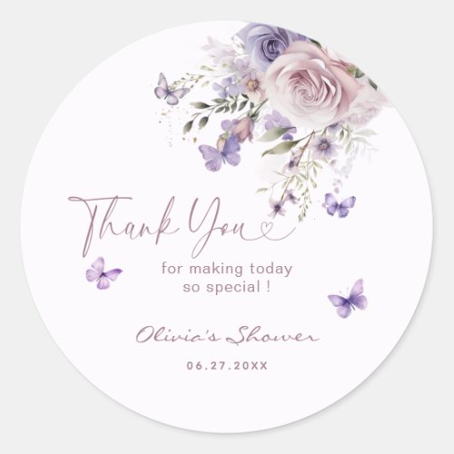 Mauve Purple Butterfly Baby Shower Thank You Classic Round Sticker