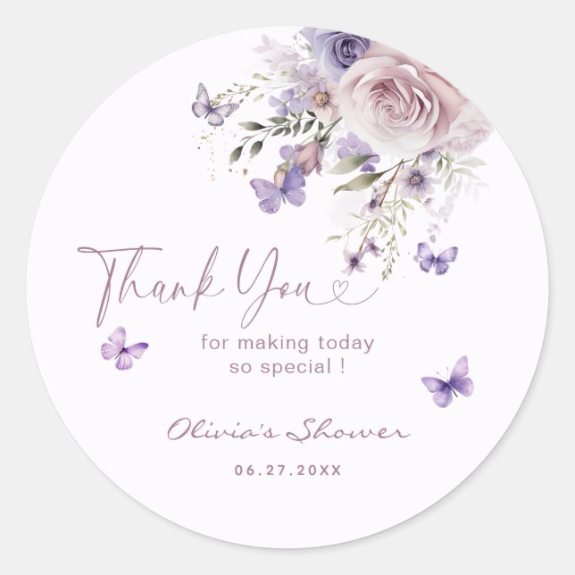 Mauve Purple Butterfly Baby Shower Thank You Classic Round Sticker (Front)