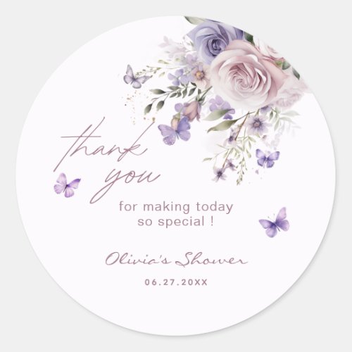 Mauve Purple Butterfly Bridal Shower Thank You Classic Round Sticker