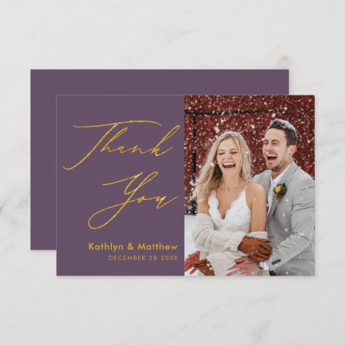 Mauve Purple Elegant Gold Script Modern Wedding Thank You Card