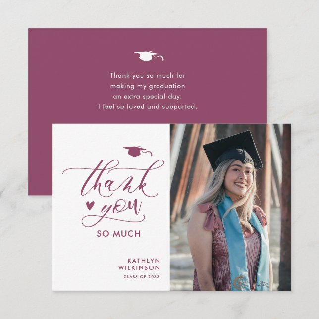 Mauve Purple Elegant Script Minimalist Graduation Thank You Card (Front/Back)