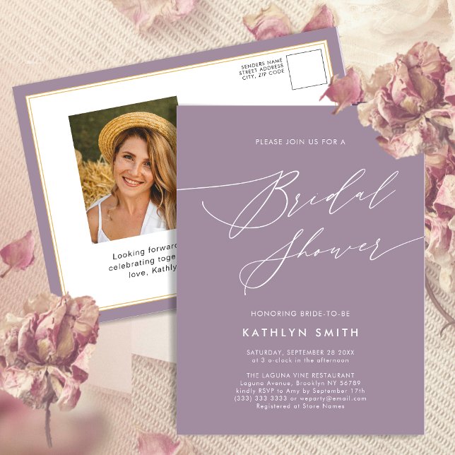 Mauve Purple Elegant Script Modern Bridal Shower Invitation Postcard (Creator Uploaded)