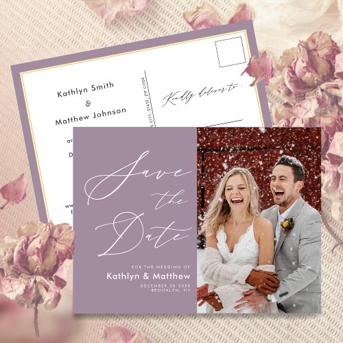 Mauve Purple Elegant Script Wedding Save The Date Announcement Postcard