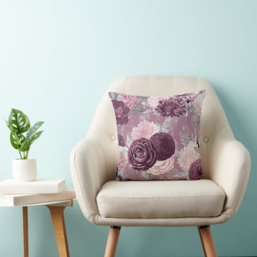 Mauve Purple Floral Damask Throw Pillow
