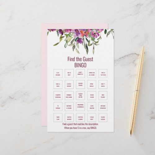 Mauve Purple floral Girl Baby Shower Bingo Game