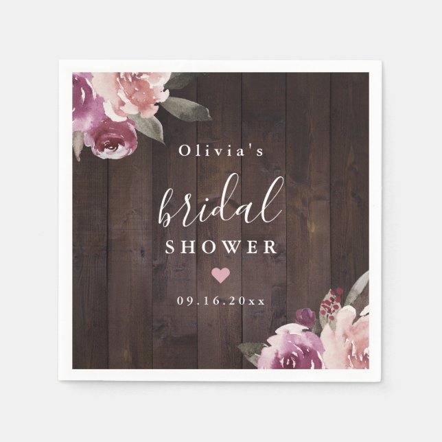 Mauve purple floral rustic wood bridal shower napkins (Front)