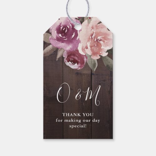 Mauve purple floral rustic wood monogram wedding gift tags