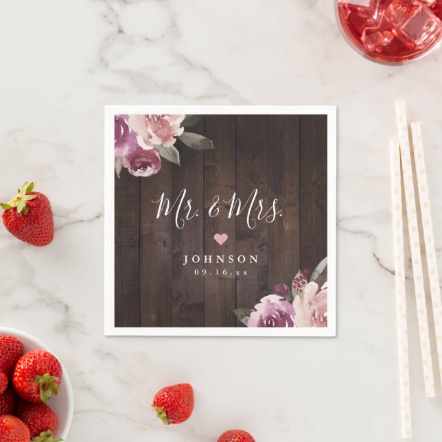 Mauve purple floral rustic wood Mr & Mrs wedding Napkins (Insitu)