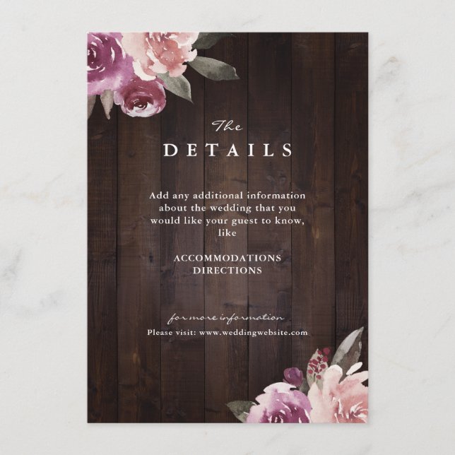 Mauve purple floral rustic wood wedding details enclosure card (Front)