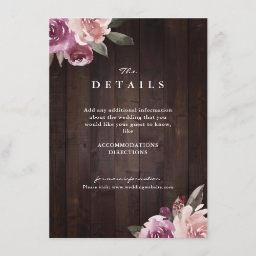 Mauve purple floral rustic wood wedding details enclosure card