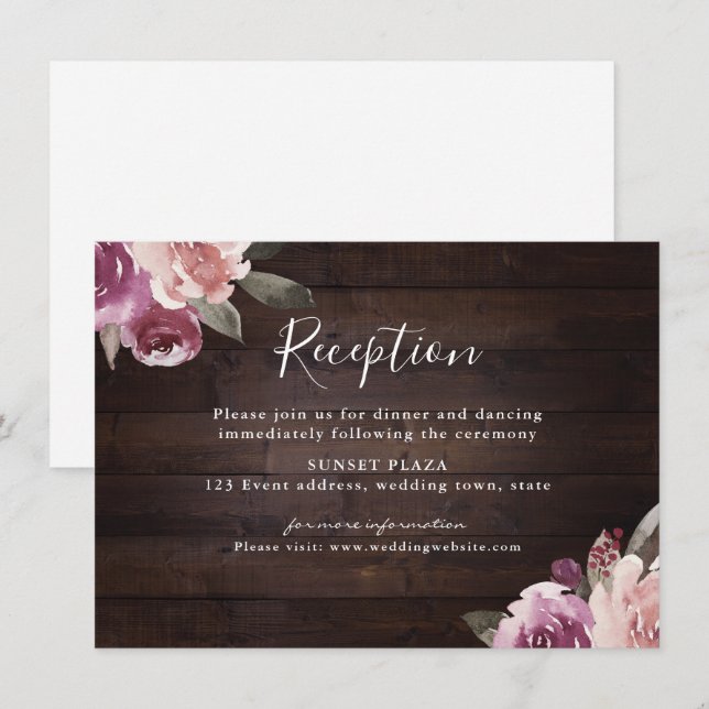 Mauve purple floral rustic wood wedding reception enclosure card (Front/Back)