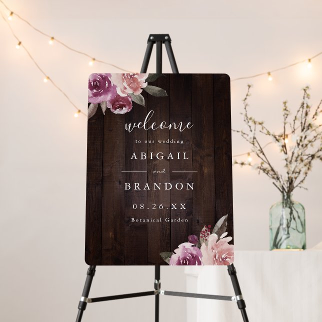 Mauve purple floral rustic wood wedding sign (In Situ (Stand))