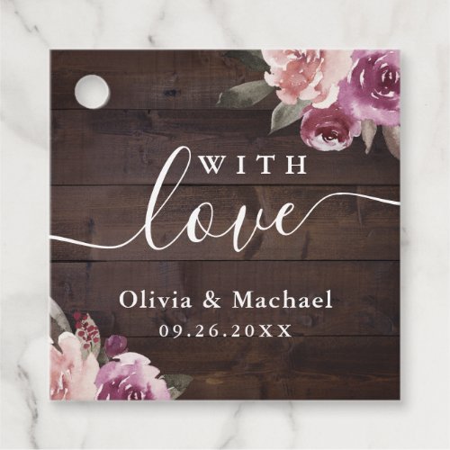 Mauve purple floral rustic wood with love wedding favor tags