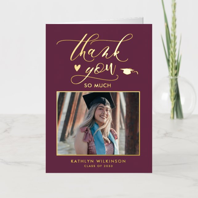 Mauve Purple Gold Script Chic Graduation Thank You Foil Greeting Card (Front)