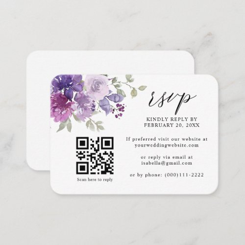 Mauve Purple Lilac Floral QR Code Wedding RSVP Enclosure Card