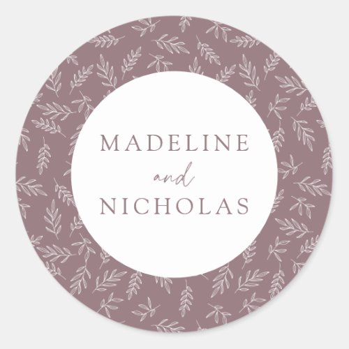 Mauve Purple Modern Minimalist Botanical Wedding Classic Round Sticker