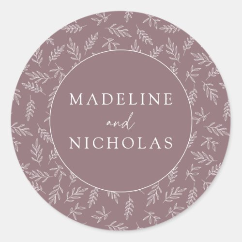 Mauve Purple Modern Minimalist Botanical Wedding Classic Round Sticker