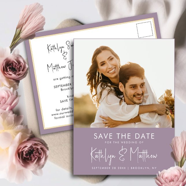 Mauve Purple Modern Photo Wedding Save The Date Announcement Postcard (Creator Uploaded)