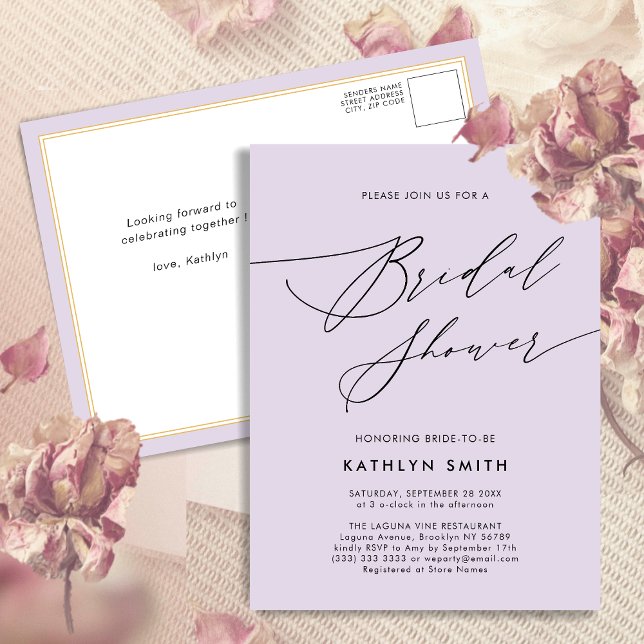Mauve Purple Modern Script Simple Bridal Shower Invitation Postcard (Creator Uploaded)