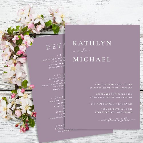 Mauve Purple Modern Typography All In One Wedding Invitation