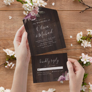 Mauve purple & mulberry floral rustic wood wedding all in one invitation