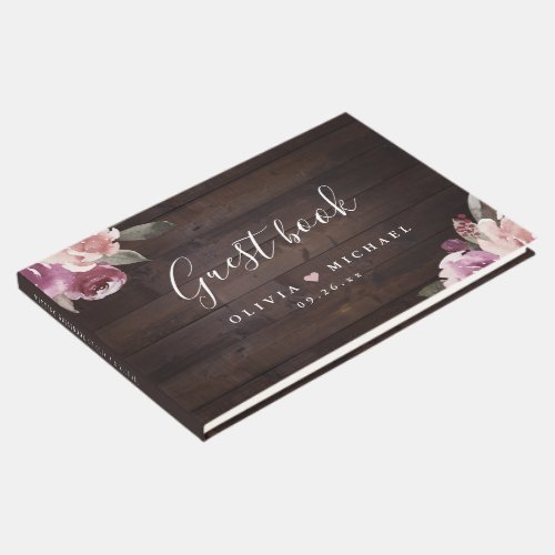 Mauve purple  mulberry floral rustic wood wedding guest book