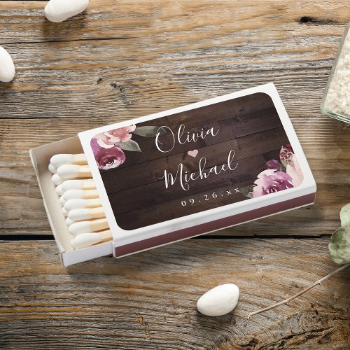 Mauve purple  mulberry floral rustic wood wedding matchboxes