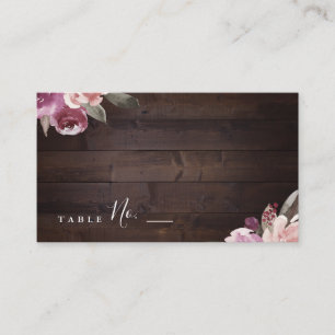 Mauve purple & mulberry floral rustic wood wedding place card