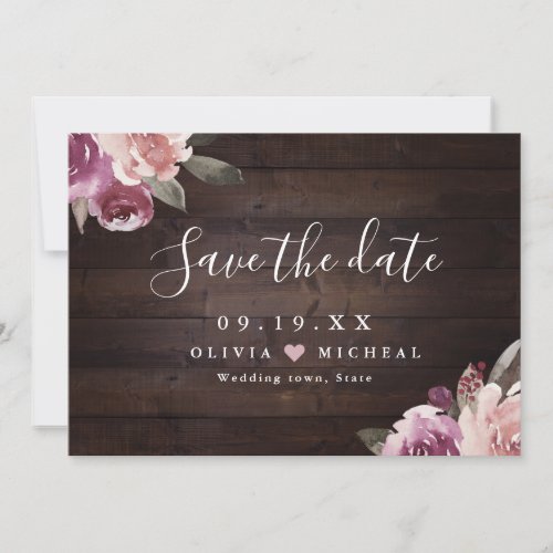 Mauve purple  mulberry floral rustic wood wedding save the date