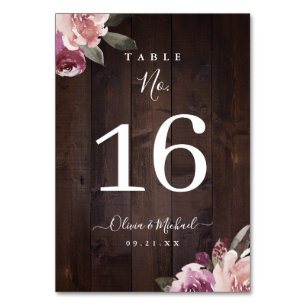 Mauve purple & mulberry floral rustic wood wedding table number