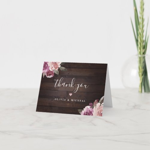 Mauve purple  mulberry floral rustic wood wedding thank you card