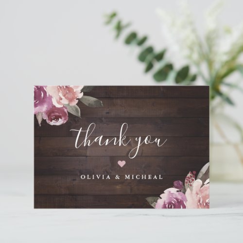Mauve purple  mulberry floral rustic wood wedding thank you card