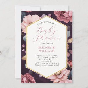 Mauve Purple Pink Gold Peonies Baby Shower Invitation