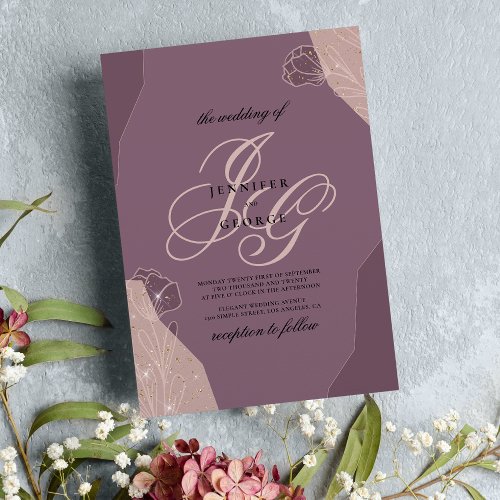 Mauve purple pink monogram initials floral wedding invitation