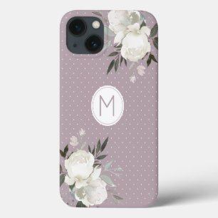 Mauve Purple Polka Dot White Rose Floral Monogram iPhone 13 Case