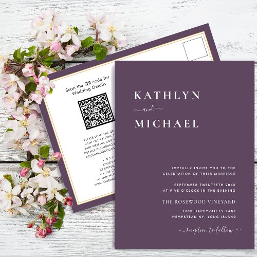 Mauve Purple QR Code All In One Modern Wedding Invitation Postcard