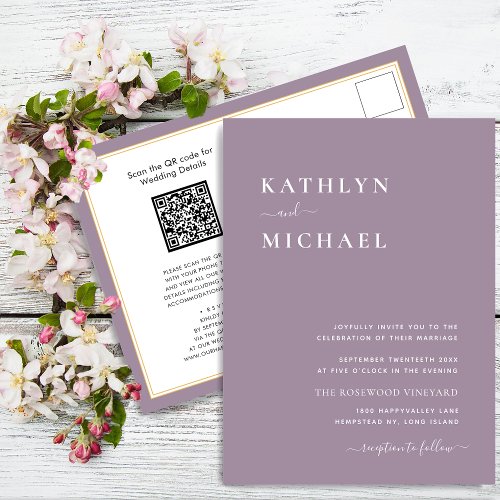 Mauve Purple QR Code All In One Modern Wedding Invitation Postcard