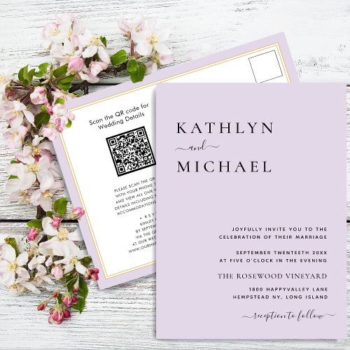 Mauve Purple QR Code All In One Modern Wedding Invitation Postcard