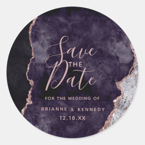 Mauve Purple Rose Gold Agate Marble Save the Date Classic Round Sticker