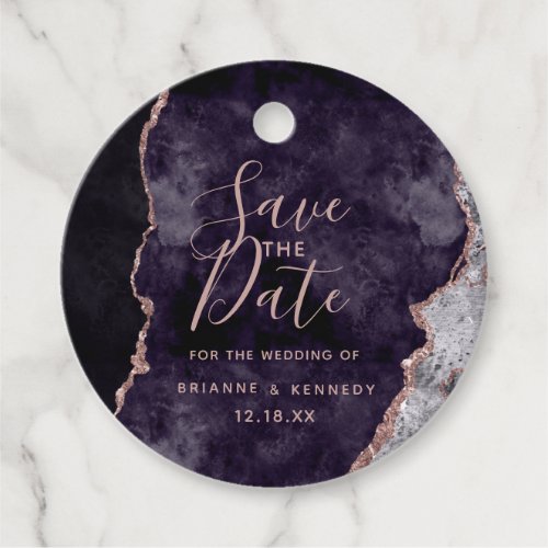 Mauve Purple Rose Gold Agate Marble Save the Date Favor Tags