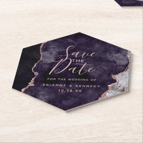 Mauve Purple Rose Gold Agate Marble Save the Date Paper Coaster