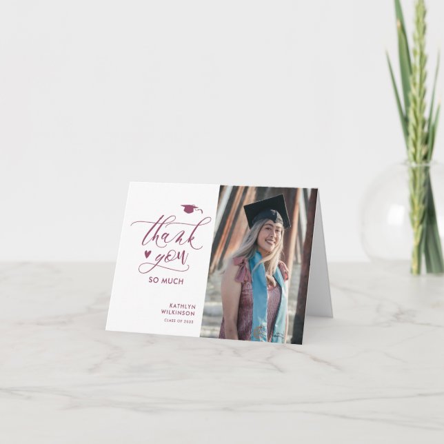 Mauve Purple Script Minimalist Photo Graduation Thank You Card (Front)