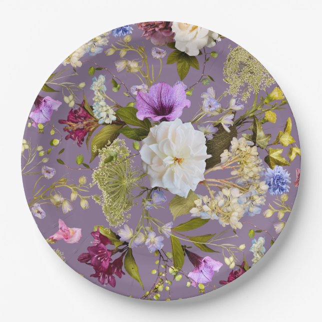 Mauve Purple Wedding Real Floral Paper Plates (Front)