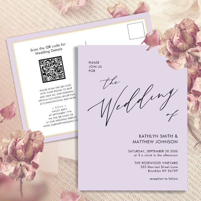 Mauve QR Code All In One Modern Script Wedding Invitation Postcard (Creator Uploaded)