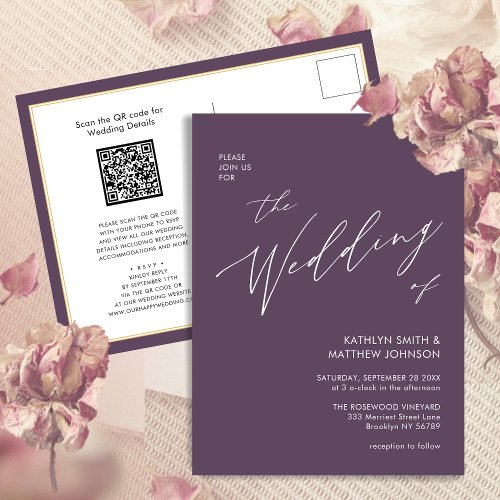 Mauve QR Code All In One Modern Script Wedding Invitation Postcard