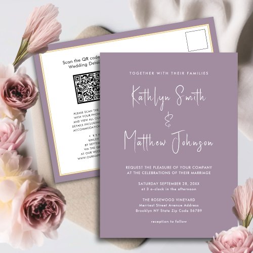 Mauve QR Code All In One Modern Script Wedding Invitation Postcard